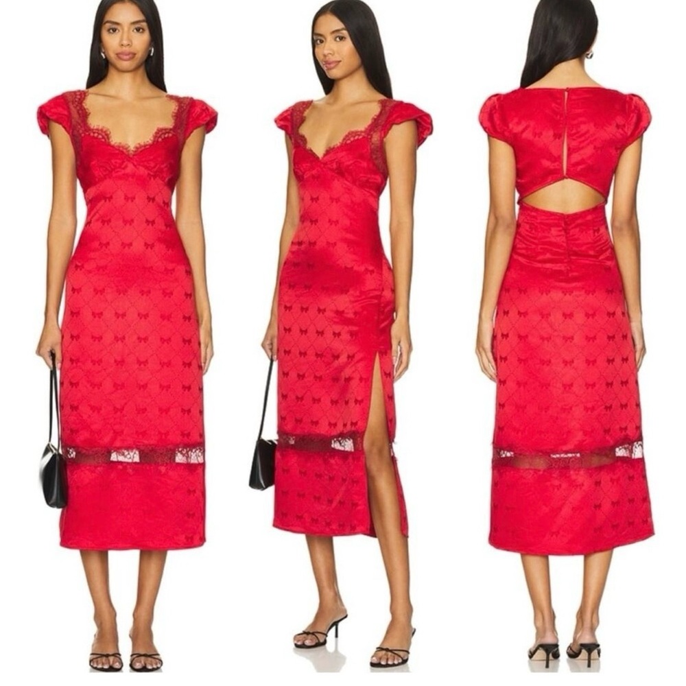NWT Free People Foolish Heart Midi Dress Red Dahlia Combo Lace Cutout Slit S